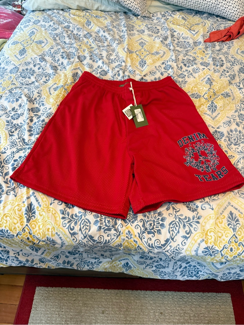 Denim Teats Men’s Red Athletic Mesh Shorts with Graphic
